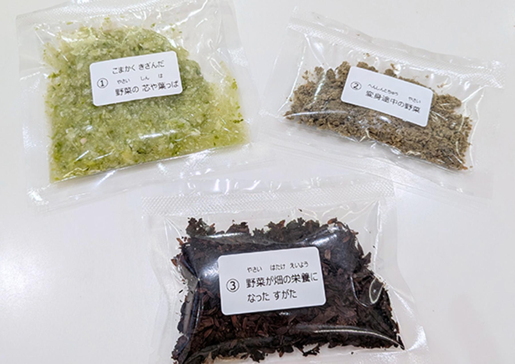 ①細かく刻んだ野菜の芯や葉っぱ、②乾燥させた野菜、③畑の栄養になった姿の3段階を袋に入れたサンプル